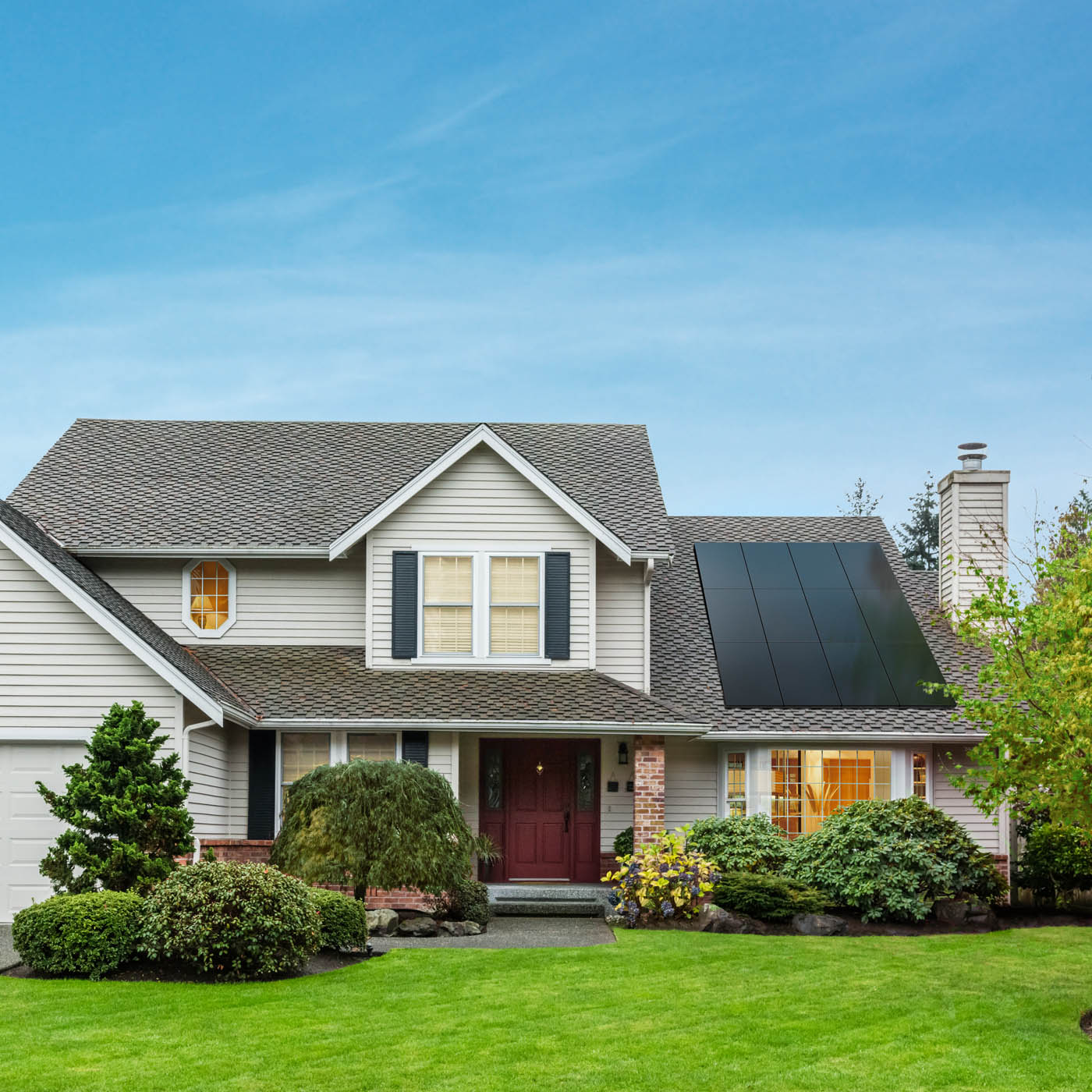 A residential home with solar panels.